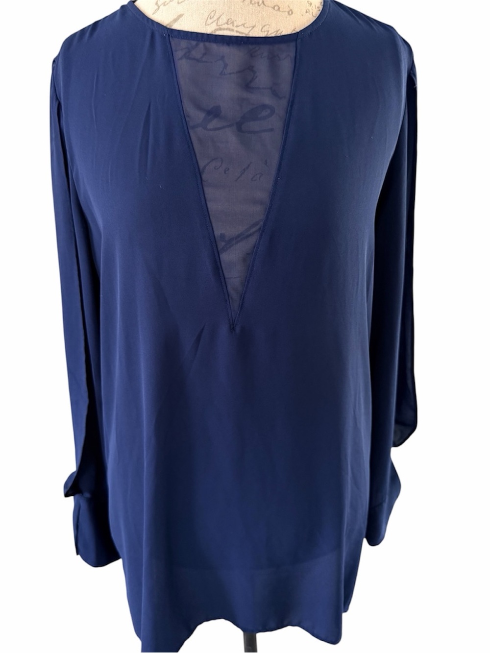EXPRESS Navy Blue Sheer Mesh V-Neck Split Long Sleeve Top Blouse – Size L